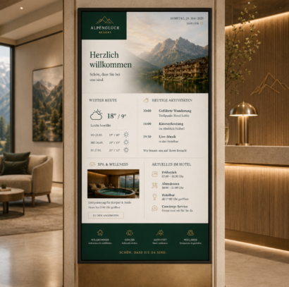 Digitaler Informationsscreen in einer Hotellobby mit aktuellen Gästeinformationen