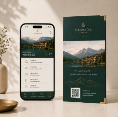 Hotel-App auf Smartphone und Hotelbroschüre mit QR-Code
