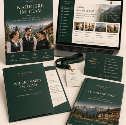 Print- und Digitalmedien für Recruiting, Onboarding und Mitarbeiterkommunikation im Hotel (KI-generiertes Bild)